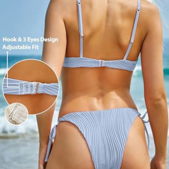 Powder Blue Ribbed Bikini with Underwire Top, Ties on the Side, New - Picture 2 of 3